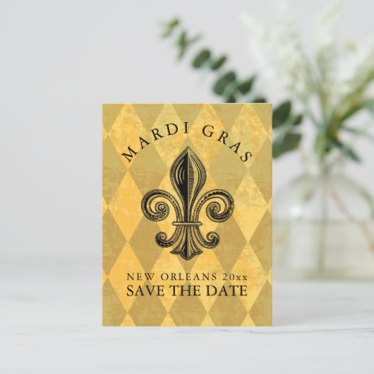Mardi Gras Party Save the Date Ankündigungspostkarte (Stehend Vorderseite)