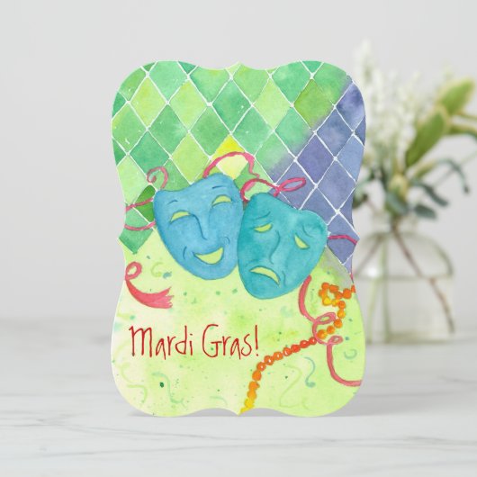 Mardi Gras Party Tragedy Comedy Masks Einladung (Stehend Vorderseite)