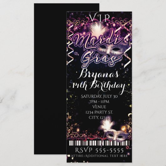 Mardi Gras Plum Gold VIP Geburtstagsparty Ticket Einladung (Vorne/Hinten)