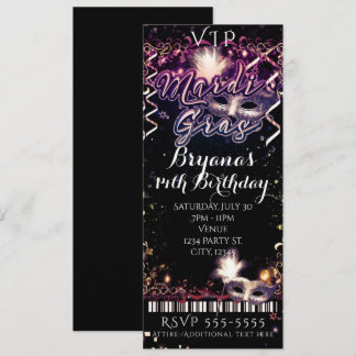 Mardi Gras Plum Gold VIP Geburtstagsparty Ticket Einladung