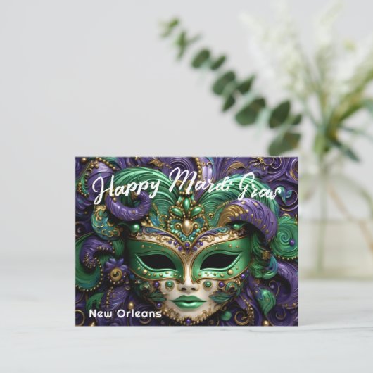 💚 💜 💛 Mardi Gras Postkarte (Stehend Vorderseite)