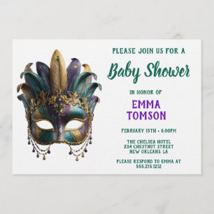 Mardi Gras Prächtige Feder Maske Baby Shower  Einladung