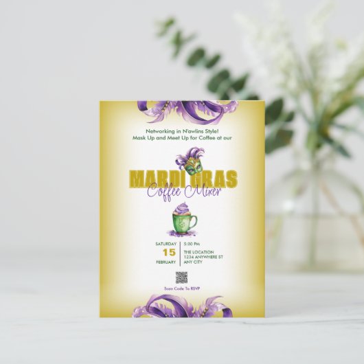 Mardi Gras QR Code Einladung Postkarte (Stehend Vorderseite)
