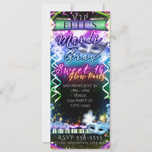 Mardi Gras Rainbow Glow VIP SWEET 16 Party Ticket Einladung (Vorderseite)