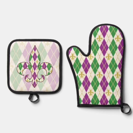 Mardi Gras Raute Ofenhandschuh & Topflappen-Set (Vorderseite)
