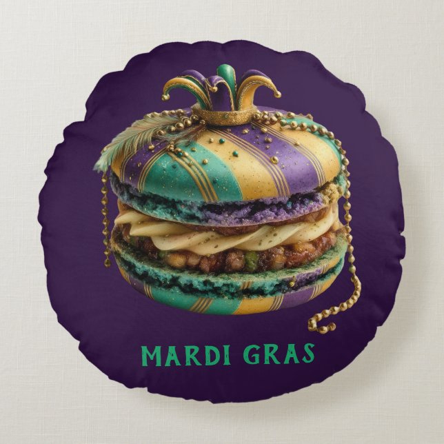 Mardi Gras Royal Macaron Rundes Kissen (Vorderseite)