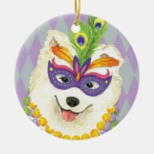 Mardi Gras Samoyed Keramik Ornament
