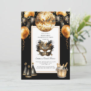 Mardi Gras Schwarz Gold Glitter Einladung