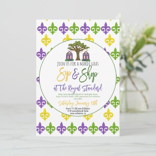 Mardi Gras Sip & Shop Einladung (Stehend Vorderseite)