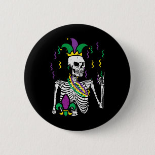 Mardi Gras Skeleton Rock Hand Funny T-Shirt Rocker Button