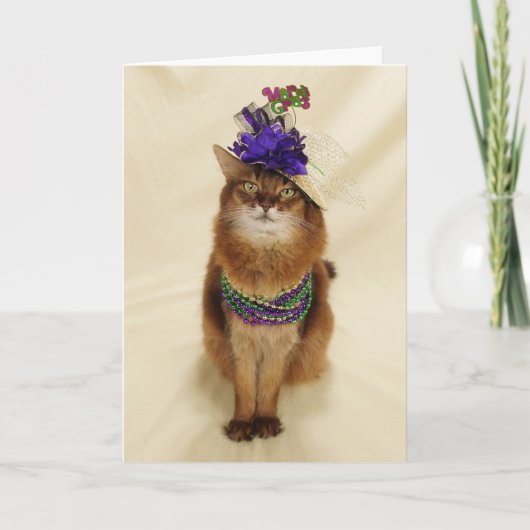 Mardi Gras Somali Katze mit Perlen und Hut Karte (Vorderseite)