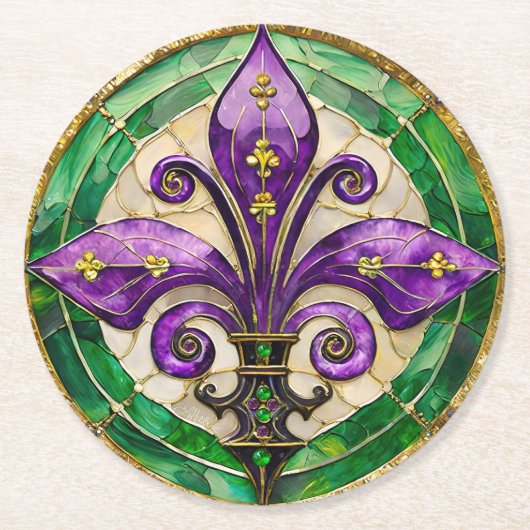 Mardi Gras Stained Glass Fleur de lis Runder Pappuntersetzer (Vorderseite)