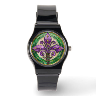 Mardi Gras Stains Glass Lilie Armbanduhr
