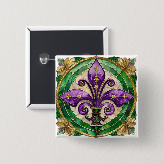 Mardi Gras Stains Glass Lilie Button (Vorne & Hinten)