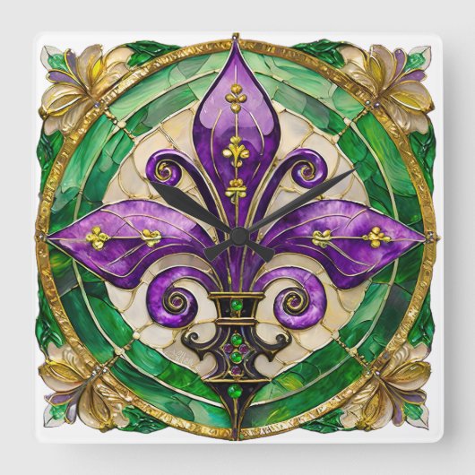 Mardi Gras Stains Glass Lilie Quadratische Wanduhr (Vorderseite)