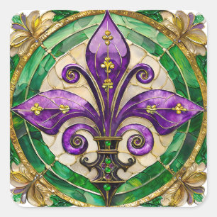 Mardi Gras Stains Glass Lilie Quadratischer Aufkleber
