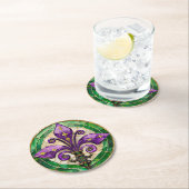Mardi Gras Stains Glass Lilie Runder Pappuntersetzer (Vor Ort)
