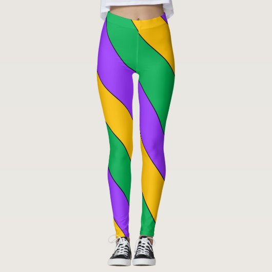 Mardi Gras Streifen Muster Lila-Gelb Leggings (Vorderseite)