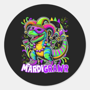 Mardi Gras T Rex Dinosaur Mardi Grawr Bead Costume Runder Aufkleber
