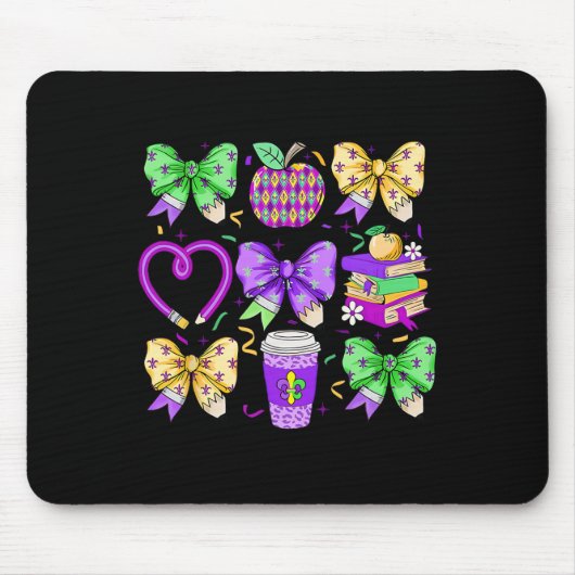 Mardi Gras Teacher Coquette Bow Pencil Apple Buch Mousepad (Vorne)