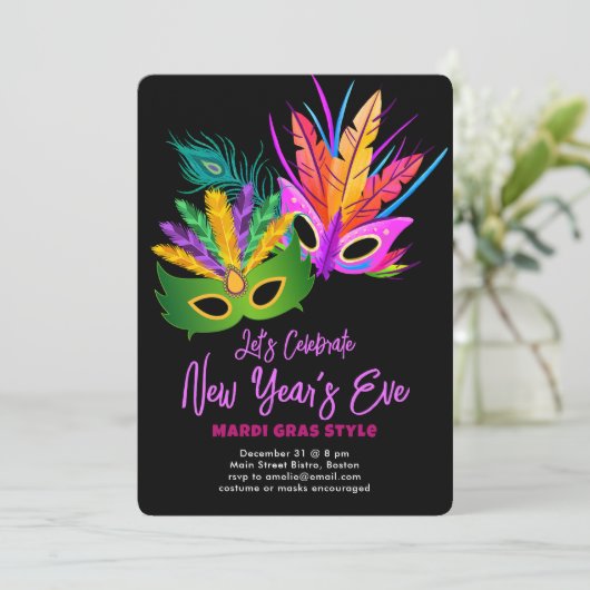 Mardi Gras Themed New Year's Eve Party Einladung (Stehend Vorderseite)