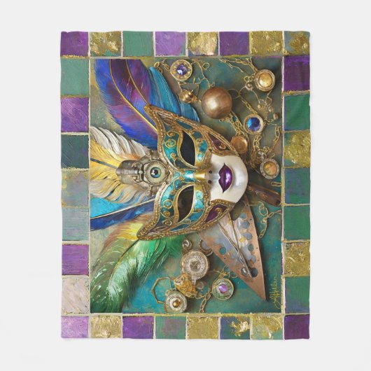 Mardi Gras Third Eye Gold Keramik Feather Mask Fleecedecke (Vorderseite)