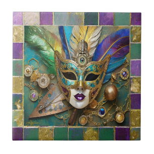 Mardi Gras Third Eye Gold Keramik Feather Mask Fliese