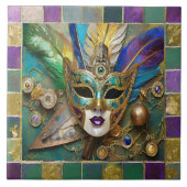 Mardi Gras Third Eye Gold Keramik Feather Mask Fliese (Vorderseite)