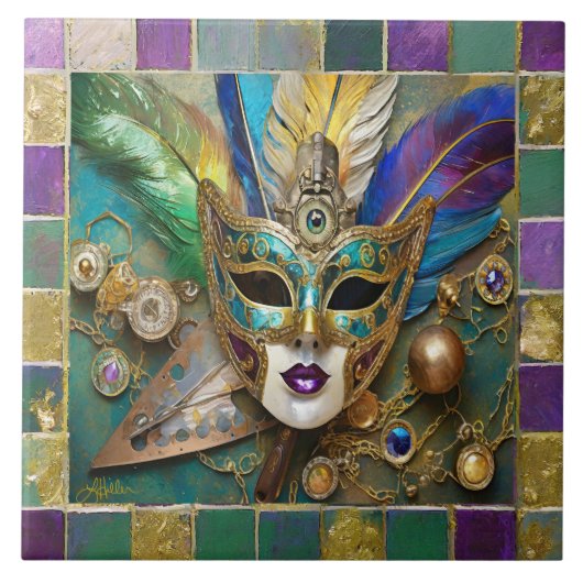 Mardi Gras Third Eye Gold Keramik Feather Mask Fliese (Vorderseite)