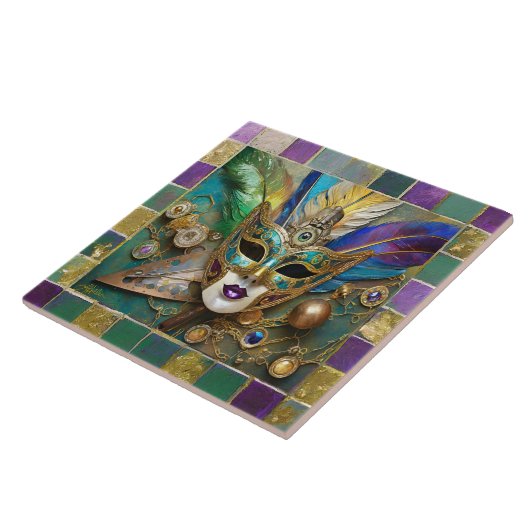 Mardi Gras Third Eye Gold Keramik Feather Mask Fliese (Seite)