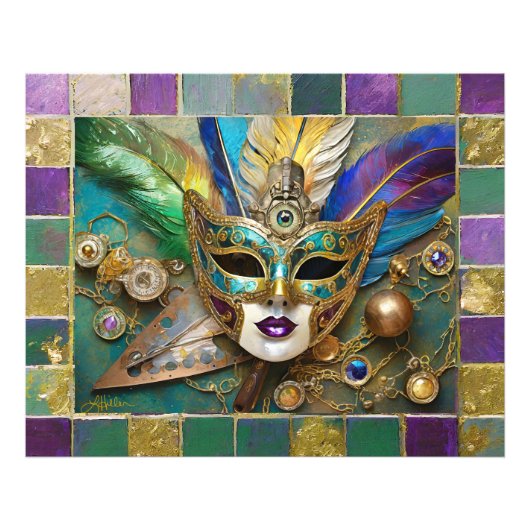 Mardi Gras Third Eye Gold Keramik Feather Mask Fotodruck (Vorne)
