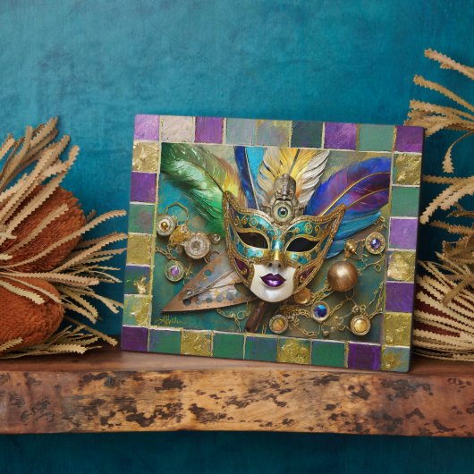 Mardi Gras Third Eye Gold Keramik Feather Mask Fotoplatte (Seite)
