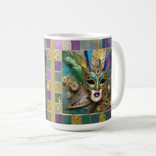 Mardi Gras Third Eye Gold Keramik Feather Mask Kaffeetasse (VorderseiteRechts)