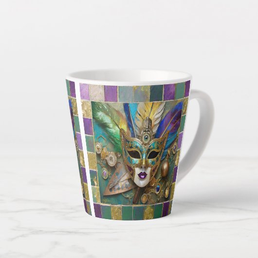 Mardi Gras Third Eye Gold Keramik Feather Mask Milchtasse (Rechte Ecke)