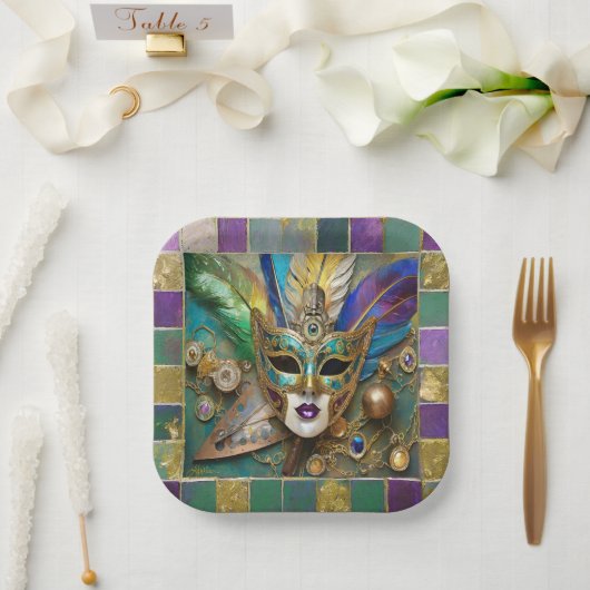 Mardi Gras Third Eye Gold Keramik Feather Mask Pappteller (Hochzeit)