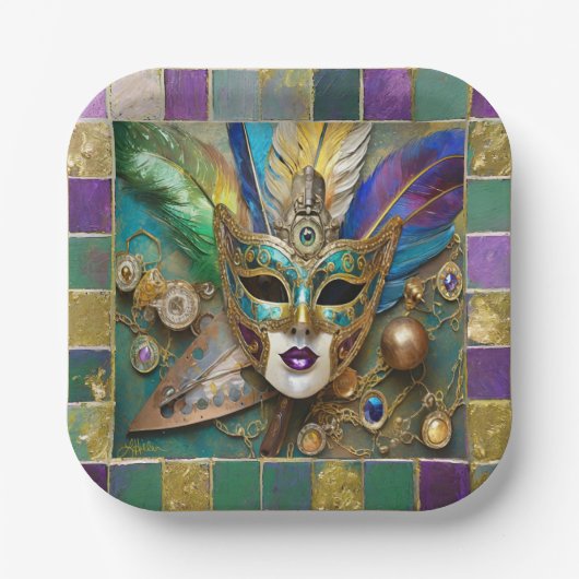Mardi Gras Third Eye Gold Keramik Feather Mask Pappteller (Vorderseite)
