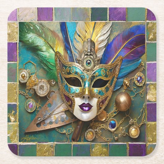 Mardi Gras Third Eye Gold Keramik Feather Mask Rechteckiger Pappuntersetzer (Vorderseite)