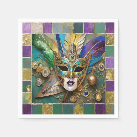 Mardi Gras Third Eye Gold Keramik Feather Mask Serviette (Vorderseite)