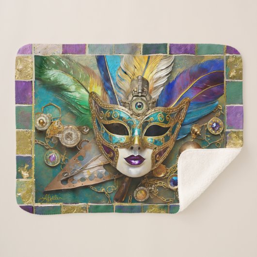 Mardi Gras Third Eye Gold Keramik Feather Mask Sherpadecke (Vorderseite (Horizontal))