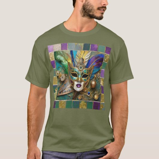 Mardi Gras Third Eye Gold Keramik Feather Mask T-Shirt (Vorderseite)