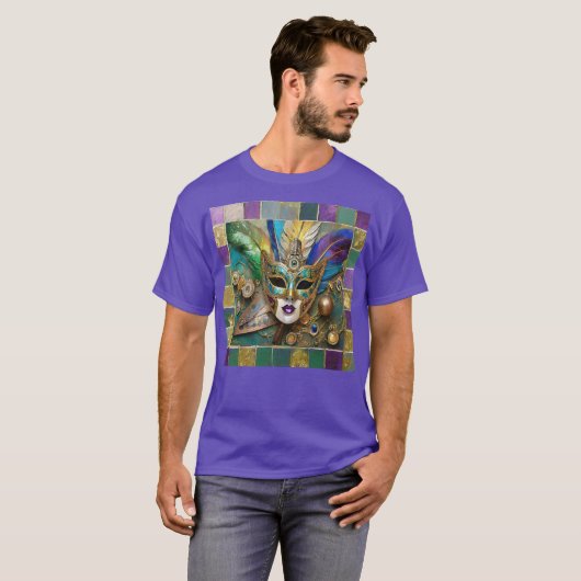 Mardi Gras Third Eye Gold Keramik Feather Mask T-Shirt (Vorne ganz)