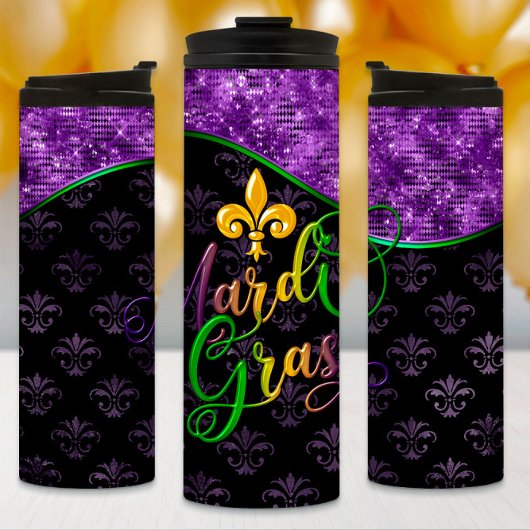 Mardi Gras Tumbler, Lila Glitzer, Lila Thermosbecher