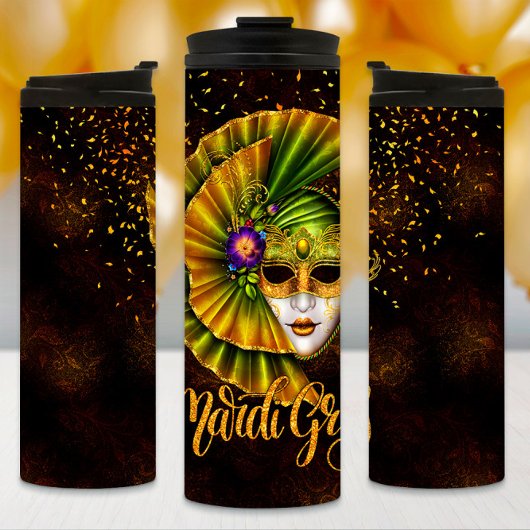 Mardi Gras Tumbler, Mardi Gras Green Mask Thermosbecher