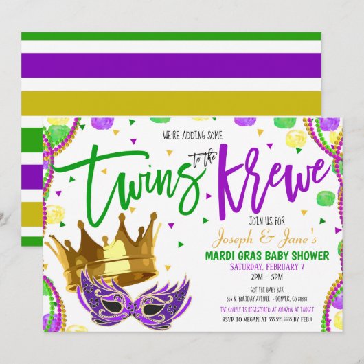 Mardi Gras Twins Kinderdusche Einladung (Vorne/Hinten)
