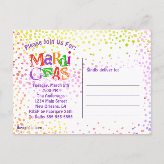 Mardi Gras Typografy Party Einladungspostkarte (Rückseite)
