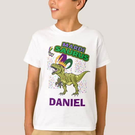 Mardi Gras Tyrannosaurus MIT INDIVIDUELLE NAME Shi T-Shirt (Vorderseite)