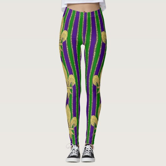 Mardi Gras Vertical Stripes & Fleur de Lys Leggings (Vorderseite)