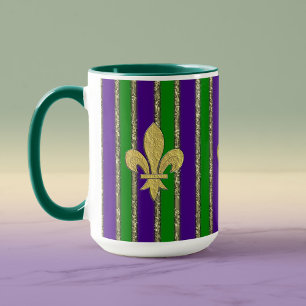 Mardi Gras Vertical Stripes & Fleur de Lys Tasse