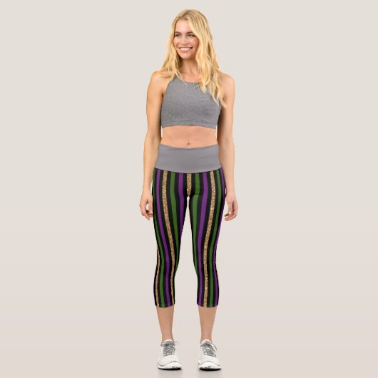 Mardi Gras Vertikale Linien Golden Glitzer NOLA Capri Leggings (Vorderseite)