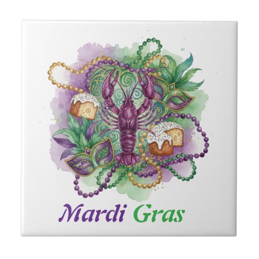 Mardi Gras Watercolor-Feier Fliese (Vorderseite)